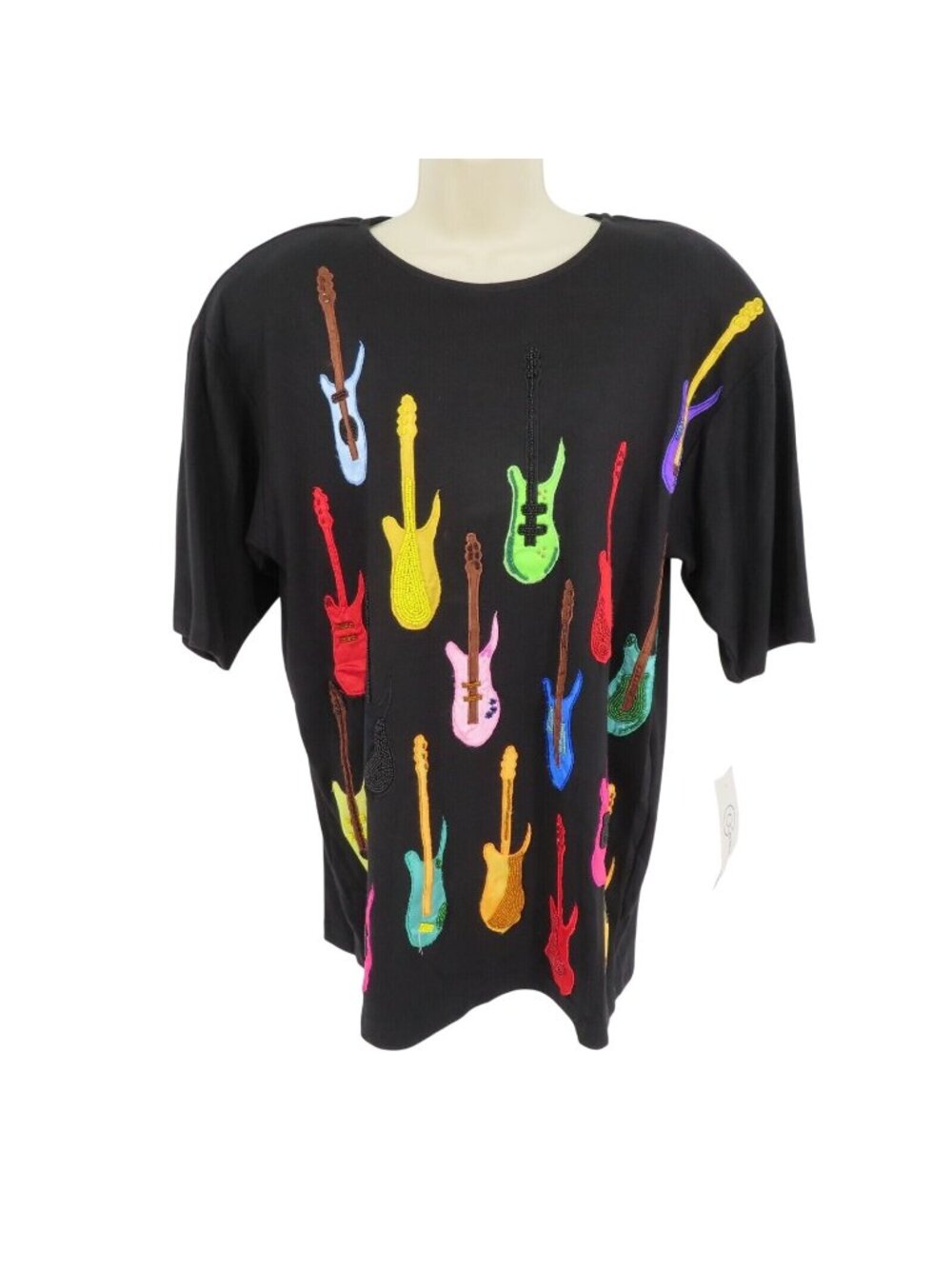 NEW Cedars Women Medium Guitar Beaded Embroidered Music Short Sleeve Shirt Top